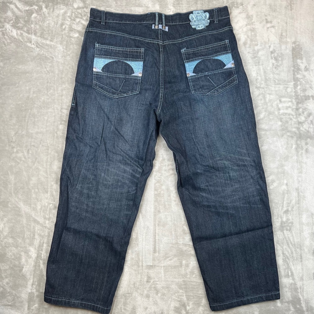 Evolution In Design Y2K Mens Baggy Dark Wash Denim Jeans Blue Stitching 42x34